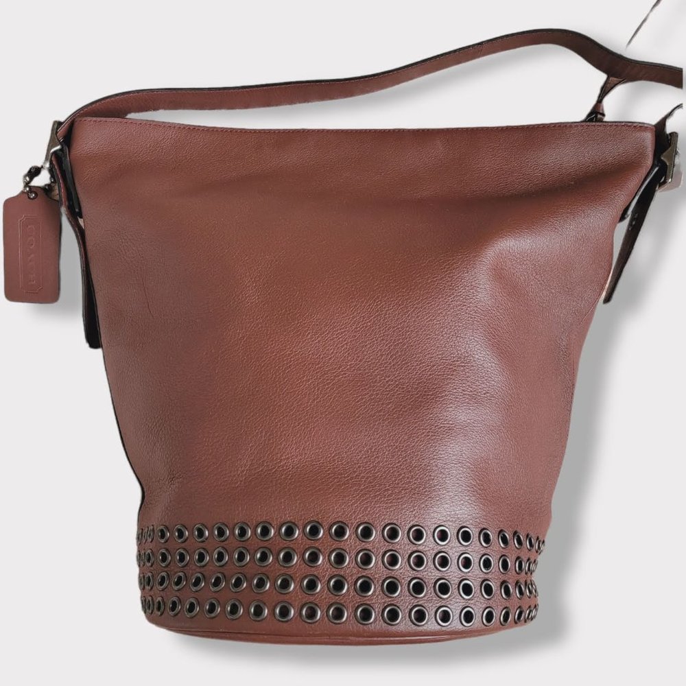 Coach Bleecker Brick Burgundy Brown Leather Grommets Bucket Duffle Crossbody